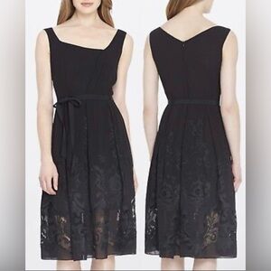 NWT Tahari ASL Black Sleeveless Openwork‎ Chiffon Belted Bow A-Line Tea Dress 8P